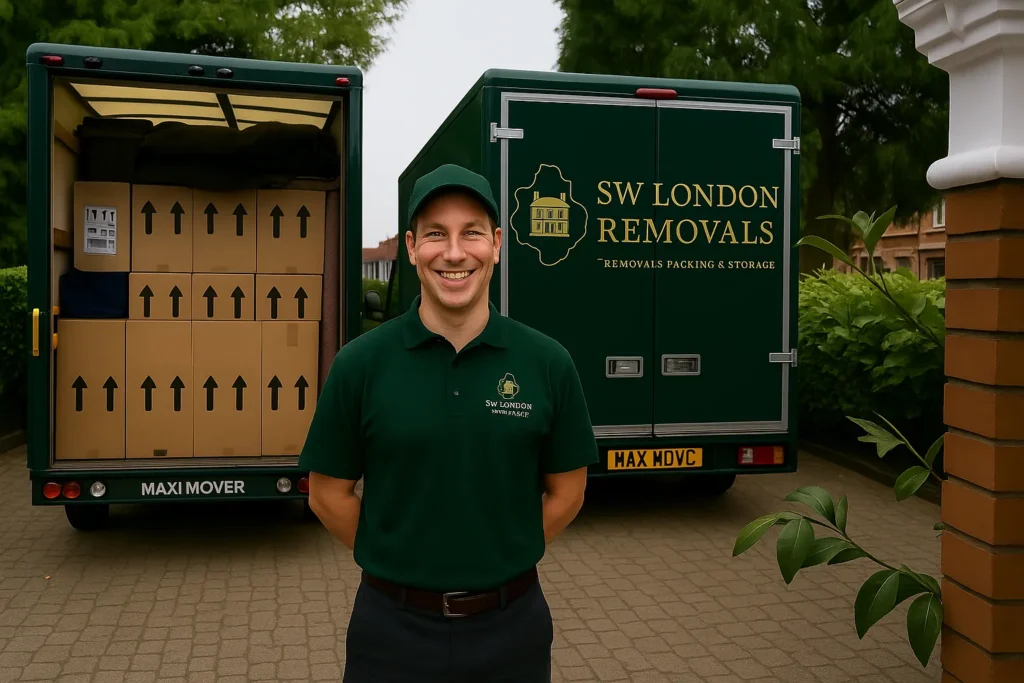 Friendly SW London Removals staff member in uniform standing beside branded moving vans, representing home removals services in Wimbledon and South West London.