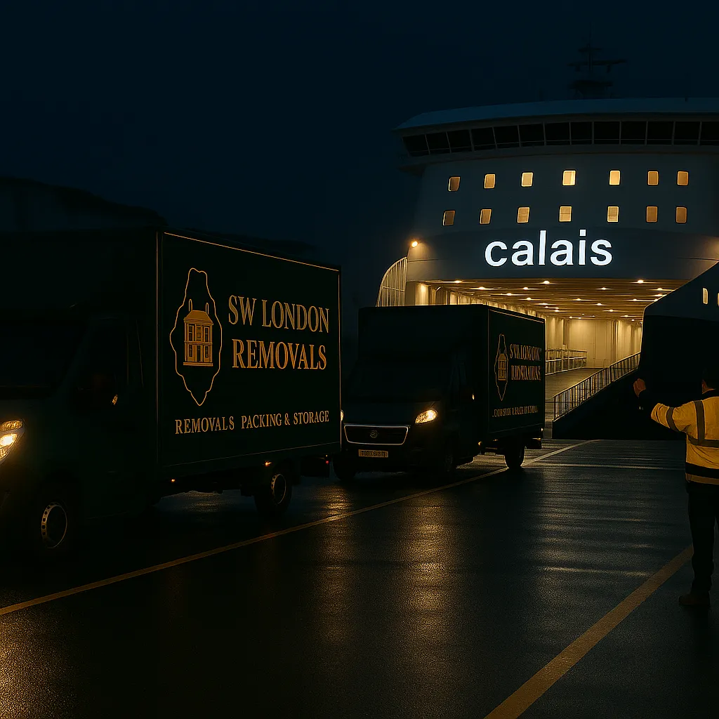 SW London Removals Luton vans boarding the Dover to Calais ferry at night for international and European relocation transport.