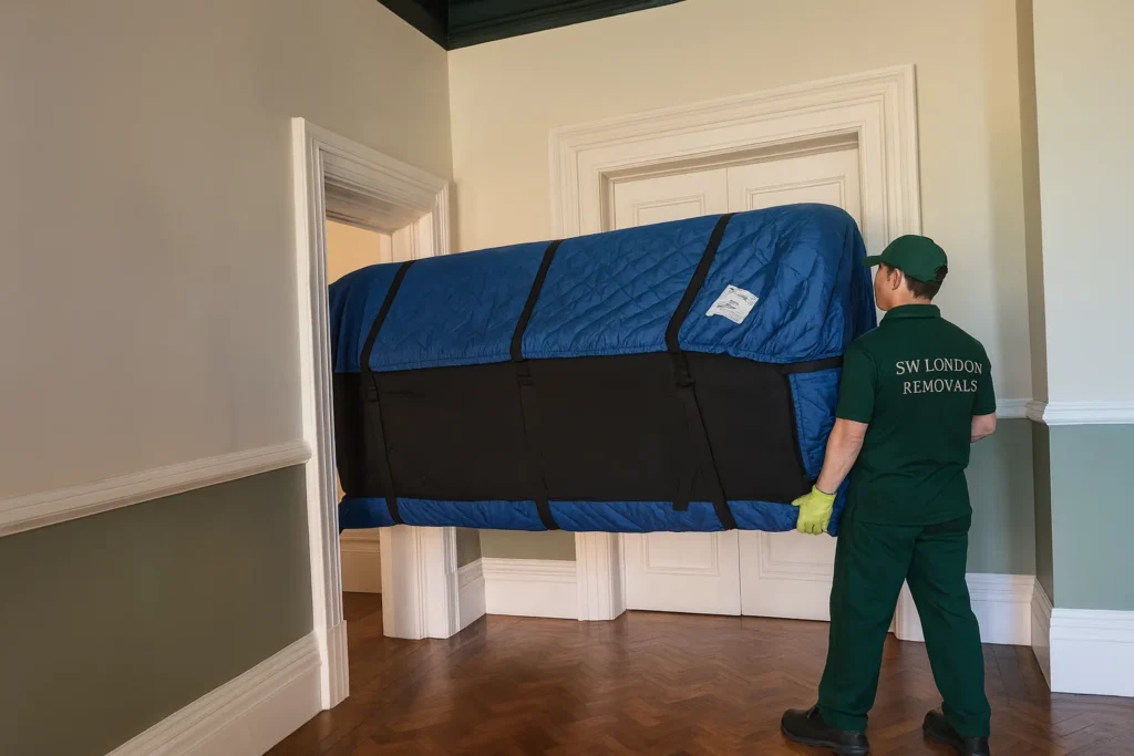 SW London Removals mover carrying a wrapped sofa through a doorway during a professional home move.