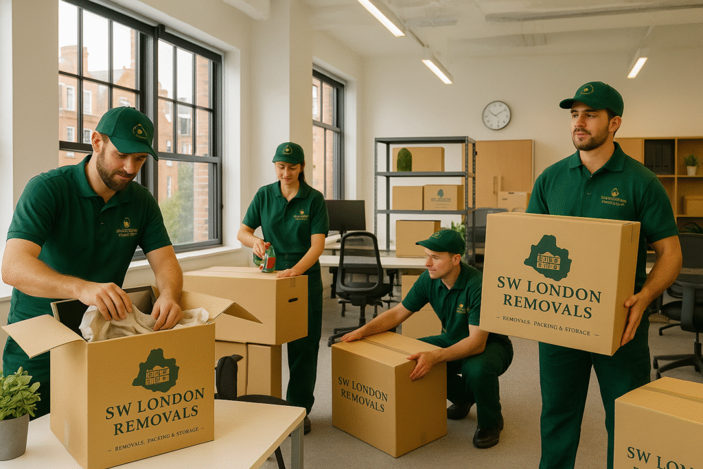 SW London Removals team packing and moving equipment during an office relocation in a modern London workspace.
