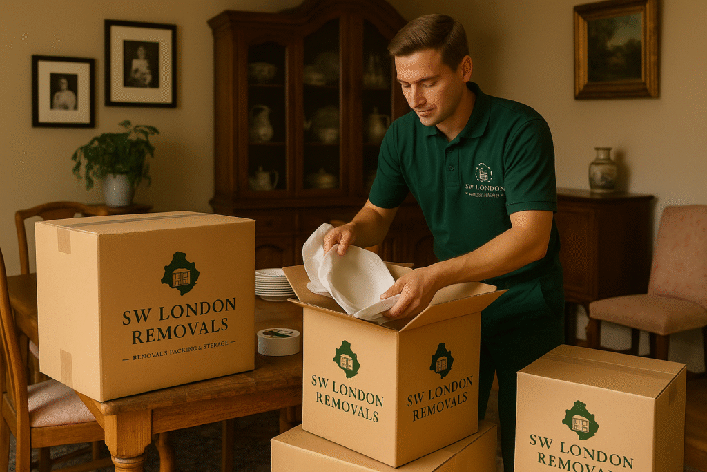SW London Removals packer carefully wrapping plates into a branded box in a customer’s dining room.