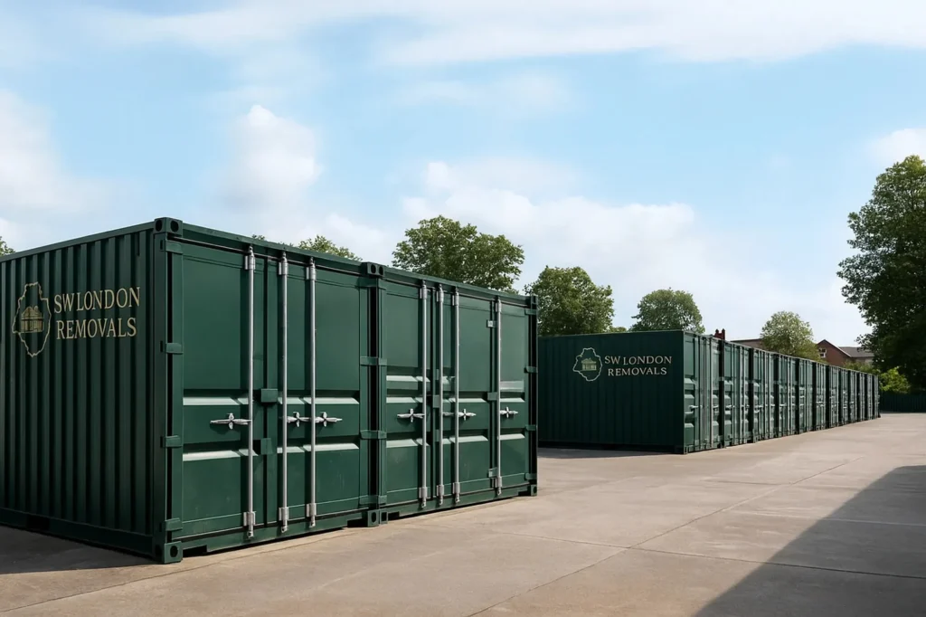 Row of green SW London Removals storage containers in a secure outdoor facility